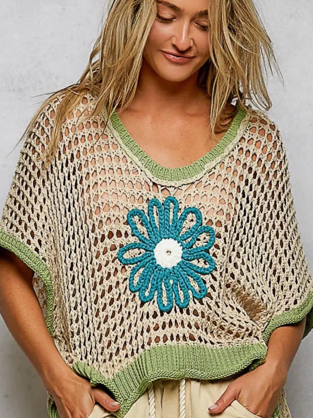 POL Crochet Mesh Top with Teal Flower and Green Trim